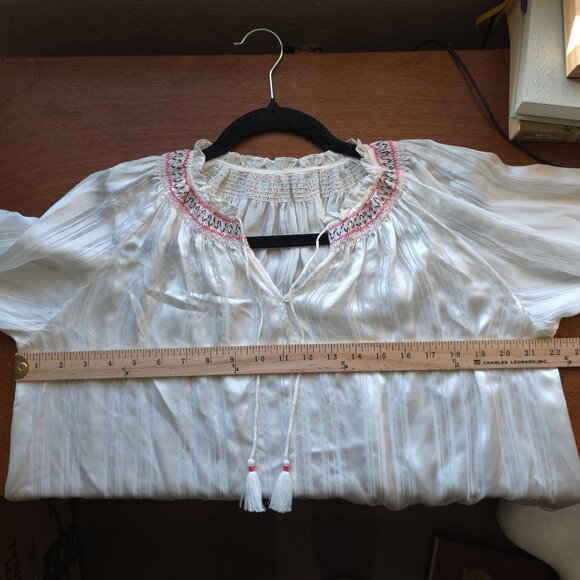 Johnny Was Silk Boho Top Womens Medium Embroidered Smocked Hippie Bishop Balloon - Picture 3 of 6